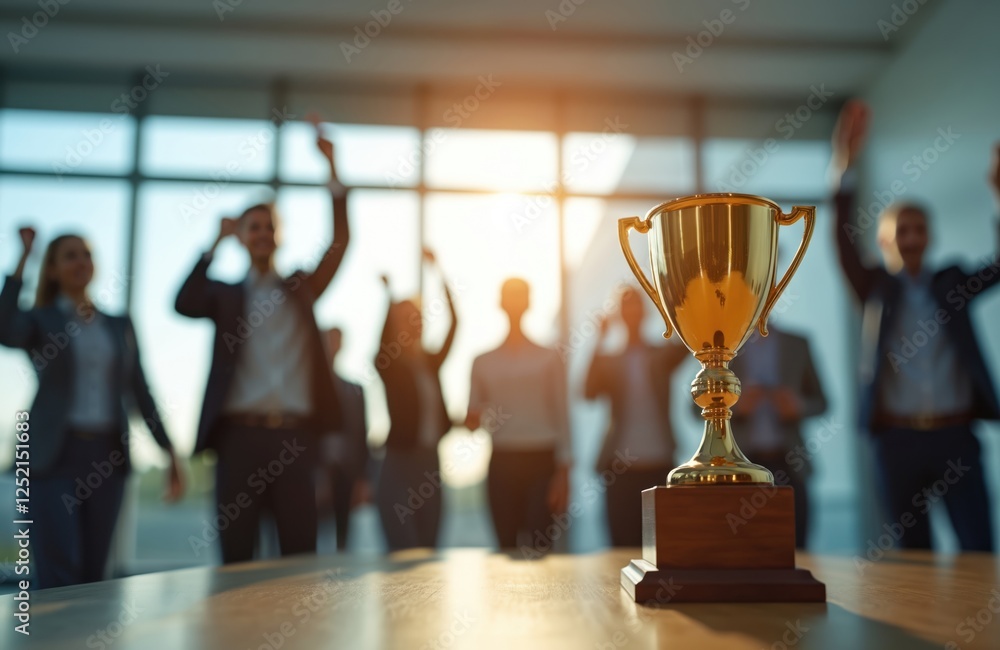 Golden trophy stands on table. Celebrating business team raise hands in ...