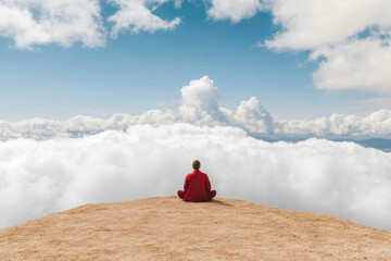 Wall Mural - A man is sitting on a hilltop, looking up at the clouds