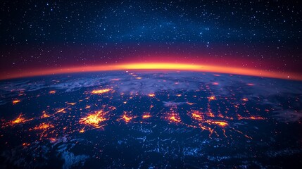 Wall Mural - Earth at night with city lights, sunrise view from space, space exploration imagery