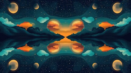 mirrored celestial landscape reflecting starry sky and distant planets