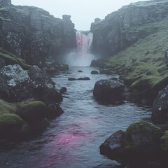 Wall Mural - Breathtaking Icelandic Waterfall in Misty Landscape - Glacial River Flowing Amidst Rocky Cliffs, Lush Green Moss, and Evening Light Reflection