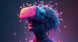 © Viktor - Illustration of Metaverse concept. Person wearing VR headset with flowers. Generative AI art. Virtual reality, digital world, poster effect simulation, gaming, tech, neon, future.