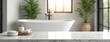 © Viktor - Clean white marble tabletop with blurred bath interior background and plants. Modern bright bathroom design, product placement, demonstration. Counter surface for cosmetic hygiene items showcase.