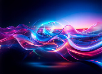 Wall Mural - abstract waves of light flow and curve with vibrant colors of blue, pink, and purple against a dark 