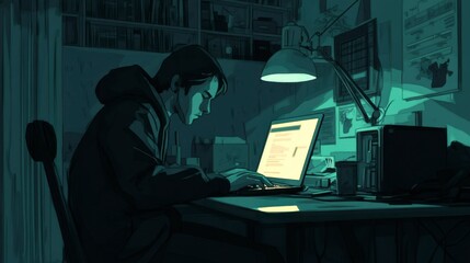 Anxious Man Coding at Night on Laptop in Dimly Lit Apartment.