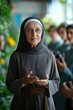 © Road Red Runner - An elderly abbess stands in a lush garden, warmly engaging with her convent community and fostering a spirit of togetherness