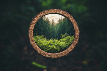 Wall Mural - A circular view of a forest with trees and a sun in the background