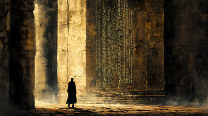 A lone figure stands before a digital code inscribed on ancient stone. Ancient Data Ruins. Illustration