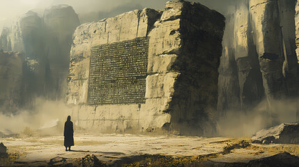 A lone figure stands before a digital code inscribed on ancient stone. Ancient Data Ruins. Illustration