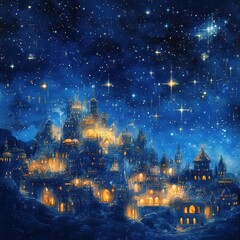 a fantasy city glows under a starry celestial night