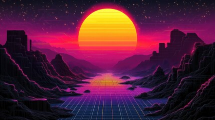 Poster - Retro futuristic landscape with sunset over a gridded river