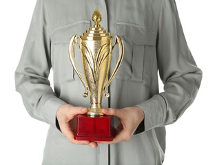 Wall Mural - woman with golden trophy cup on white background, closeup
