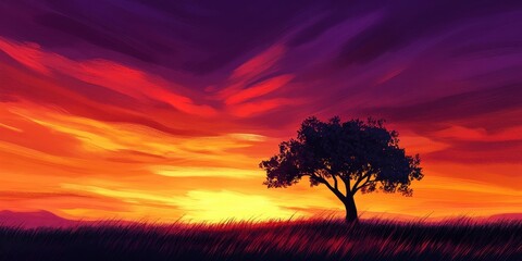 Wall Mural - A solitary tree stands against a vibrant painted sunset