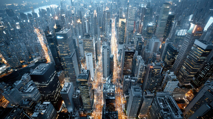 Sticker - Aerial night view of vibrant cityscape with illuminated skyscrapers