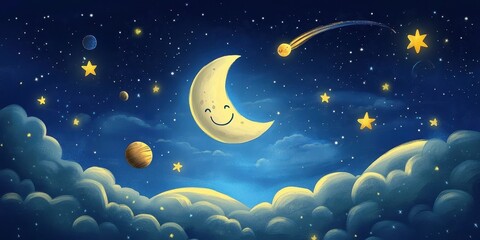 Wall Mural - Whimsical illustration shows a smiling moon in the night sky