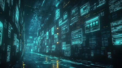 Digital Data Organization and Metadata Tagging in Futuristic Cyberpunk Landscape with Floating Panels