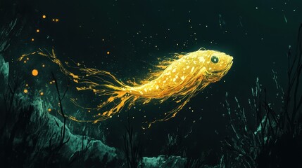 Sticker - Luminescent golden fish gracefully swims in a dark ocean