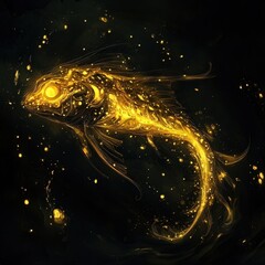 Sticker - Luminescent abstract golden fish swimming in a dark space