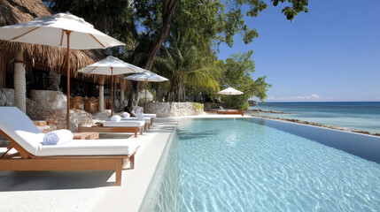 Sticker - serene poolside view with beach chairs and umbrellas under clear sky