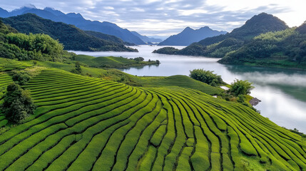 Sticker - serene tea plantation in Hangzhou with mist rising over lush hills