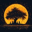 © Margarita - Serene Tree Silhouette with Children Under Orange Full Moon
