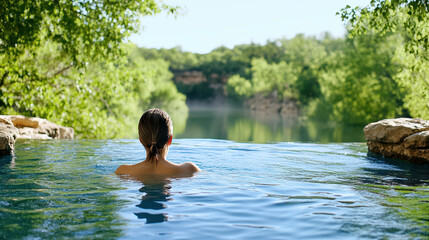 Sticker - woman enjoying serene morning swim in natural pool surrounded by lush greenery