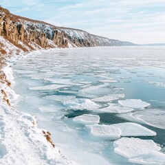 Wall Mural - Spectacular Frozen Coastal Landscape with Cliffside Ice Formations on a Sunny Winter Day at a Frozen Beach and Seascape Captivating Nature Photography