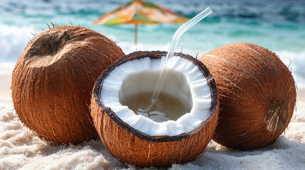 Canvas Print - Refreshing Coconut Vacation: Fresh Coconut Drink on Sandy Beach with Ocean Waves and Vibrant Umbrella, Perfect for Tropical Getaway and Relaxation Vibes