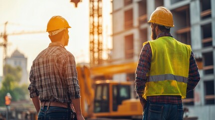 Fototapete - Construction workers and heavy machinery at a commercial property site.