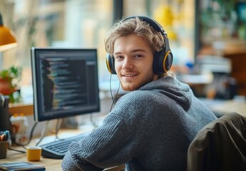 Modern Workspace with Technology Focus featuring Person with Headphones Working on Computer in Serene Atmosphere