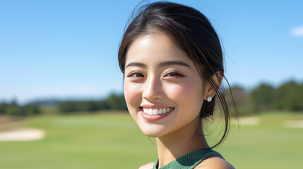 Japanese woman wearing a green dress smiling at green grass field and blue sky