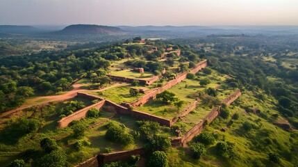Wall Mural - Ancient Ruins Surrounded by Lush Green Landscape at Sunset