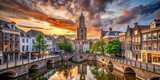 Old town Utrecht with Dom Tower under cloudy skies at sunset, wooden bridges