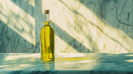 Wall Mural - Elegant glass bottle of olive oil on marble countertop with shadows