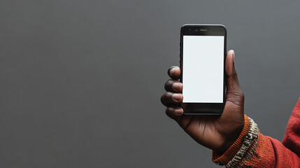African american hand holding smartphone mockup with blank white screen against solid gray background with copy space.