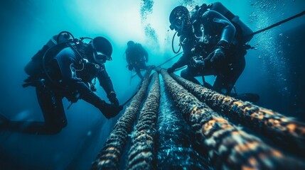 Divers working underwater, handling thick cables in a deep-sea environment.