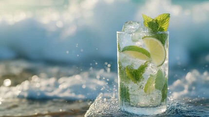 Wall Mural - Coastal Lime Drink, Ocean Waves Background, Refreshing Summer Beverage