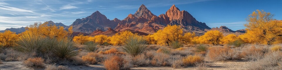 Poster - Stunning Southwest Desert Landscape with Majestic Mountains and Vibrant Autumn Foliage Under Blue Sky, Showcasing Natural Beauty and Serene Wilderness View