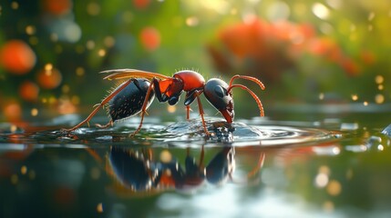 Poster - Red ant drinking water, reflection in pond.