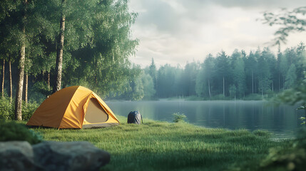 camping tent in forest near lake