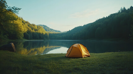 camping tent in forest near lake