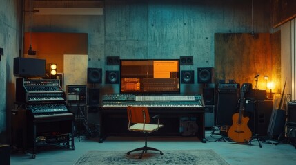 A wide shot of a creative recording space with an array of instruments, soundproof walls, and a comfortable chair positioned near the control panel