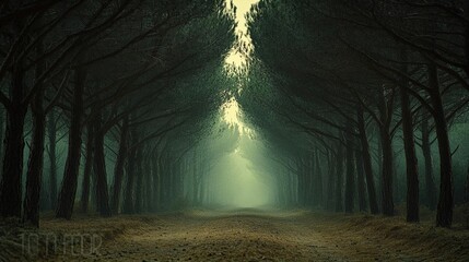 Wall Mural - Misty Path Through Dark Pine Forest