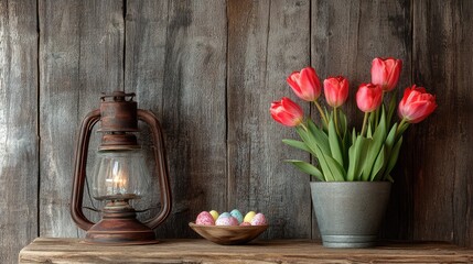 Wall Mural - A rustic wooden table with a vintage lantern, fresh spring flowers, and a small bowl of water, symbolizing Easter renewal.