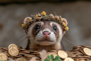 Sticker - A cute ferret wearing a flower crown surrounded by gold coins.