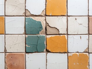 Close-up of cracked and damaged colorful tiles.