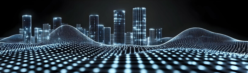 Digital city skyline, data landscape. Futuristic tech