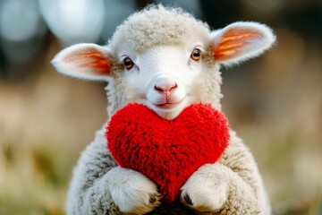 Digital ads animal creative. Sheep - my beloved animal. Cute sheep baby with fluffy red heart on in a natural habitat. Natureâ€™s cutest love story. Natureâ€™s affectionate side. Cute nature lov.