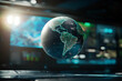 © inas - Holographic globe display in futuristic control room with digital data overlays representing global connectivity and technology