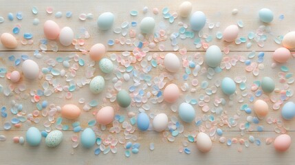 Wall Mural - A wooden table adorned with scattered pastel-colored Easter eggs and delicate floral petals, creating a joyful, spring-inspired atmosphere.